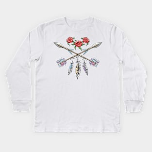 Hand drawn boho style design with rose flower, arrow and feathers Kids Long Sleeve T-Shirt